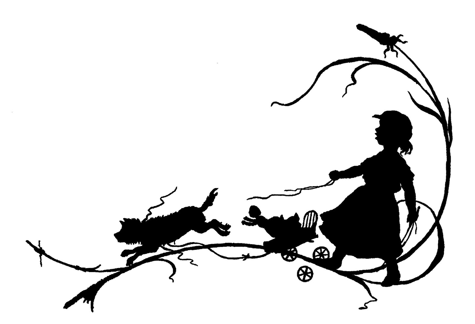 1600x1091 Digital Stamp Design Vintage Silhouette Image Girl Dog Toy Doll