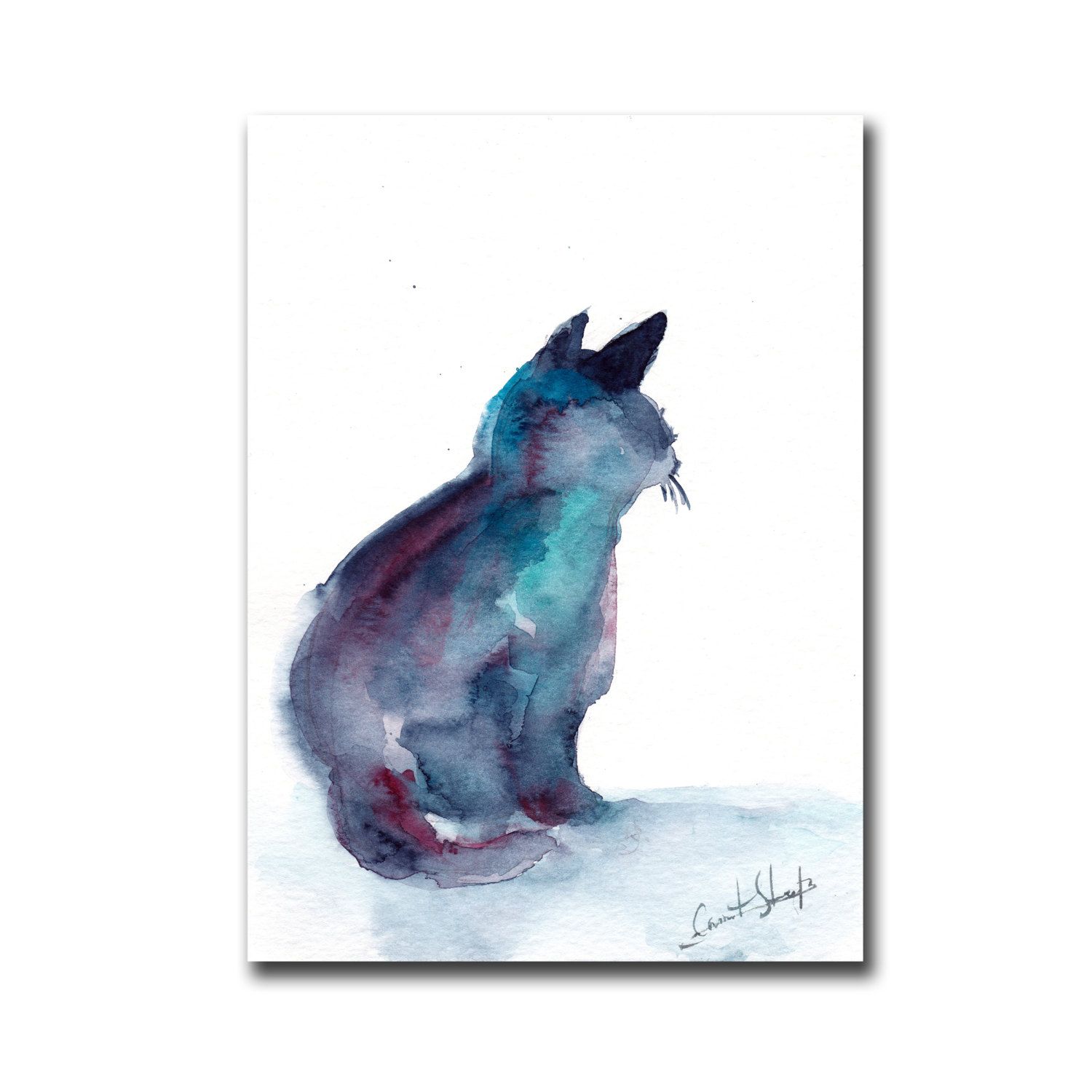 1500x1500 Minimalist Painting Of Cat, Original Watercolor Painting, Blue Cat