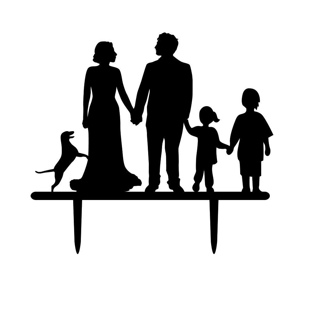 1001x1001 Family Member Silhouette Cake Topper, Two Kids With Dog And Couple