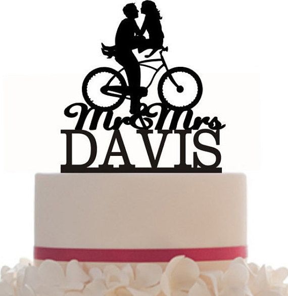 570x585 Wedding Cake Topper Mr And Mrs Hair Down With A Bicycle Silhouette