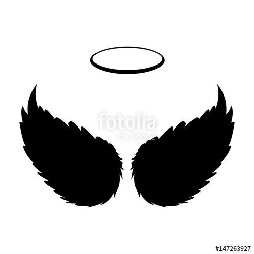 500x500 Silhouette Of Black Angel Wings And Halo On A White Background