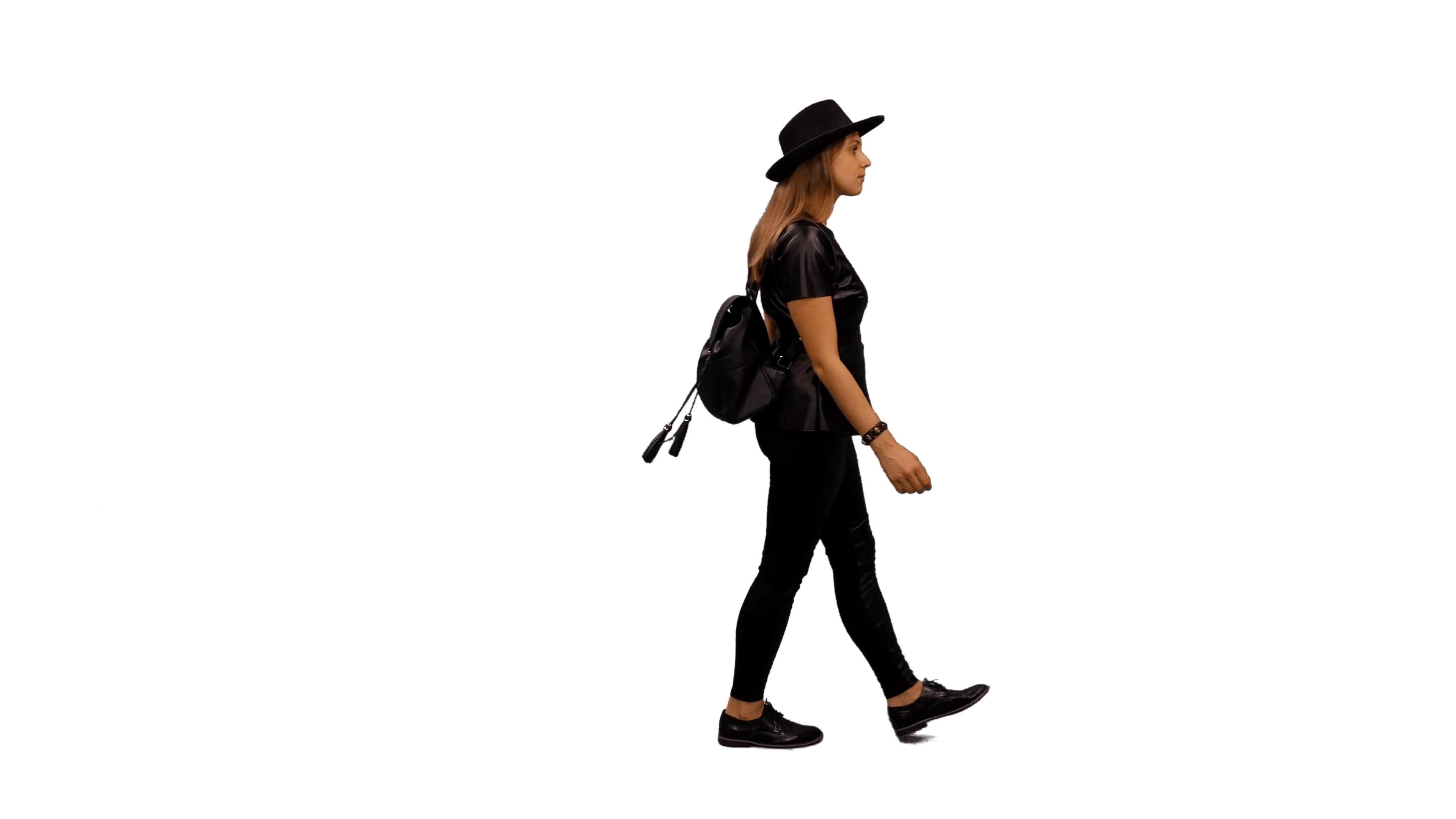 3840x2160 Young Woman In Leather Jacket Walking, Side View, Full Hd Shot