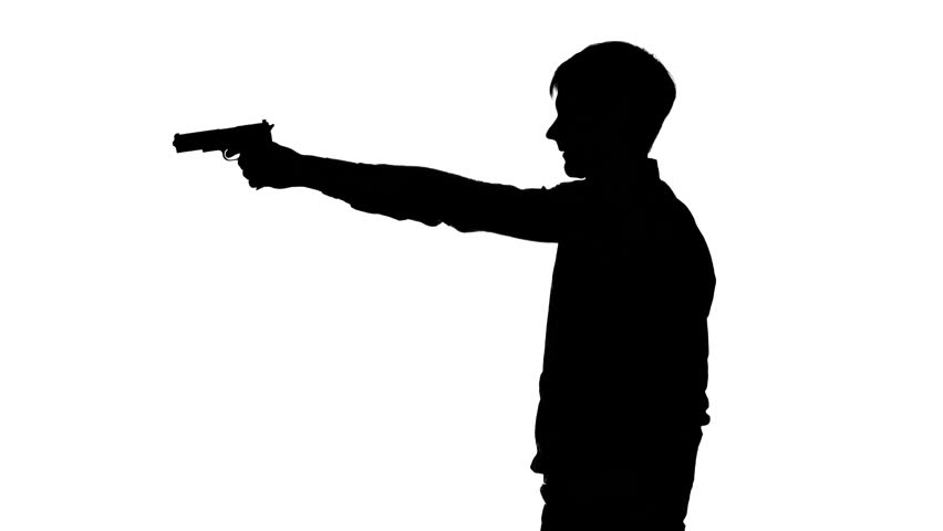852x480 Woman Pulls Out From Behind The Gun. Silhouette. White Stock