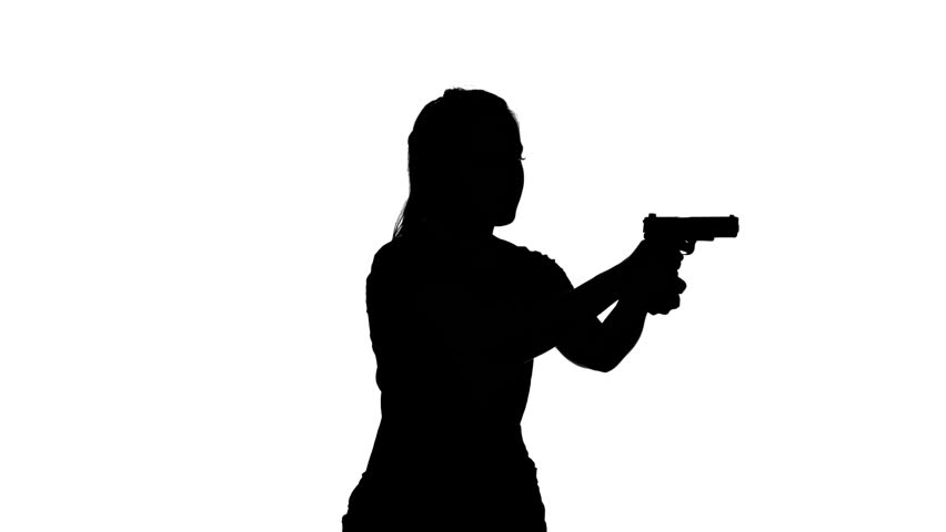 852x480 Woman Raises The Gun And Blows The Barrel. Silhouette. White Stock