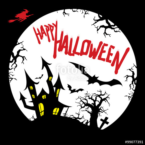 500x500 Happy Halloween Card Design With Haunted House, Graveyard, Bats