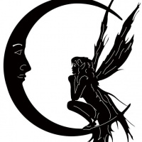 200x200 Black Sitting Fairy Silhouette With Bright Orange Wings Tattoo