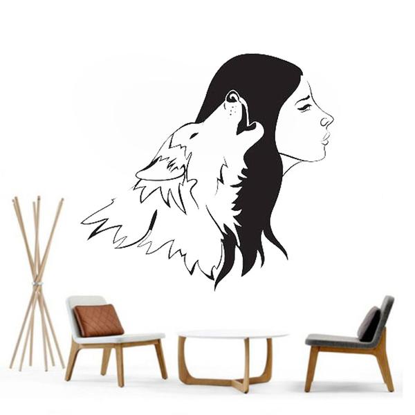 600x600 Wolf And Women Vinyl Wall Sticker Howling Animal Amp Womans