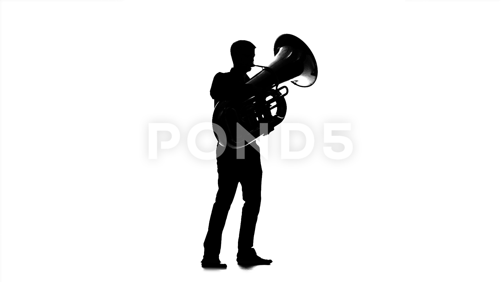 1920x1080 Musician Man Playing On Tuba. Black Silhouette On White Background