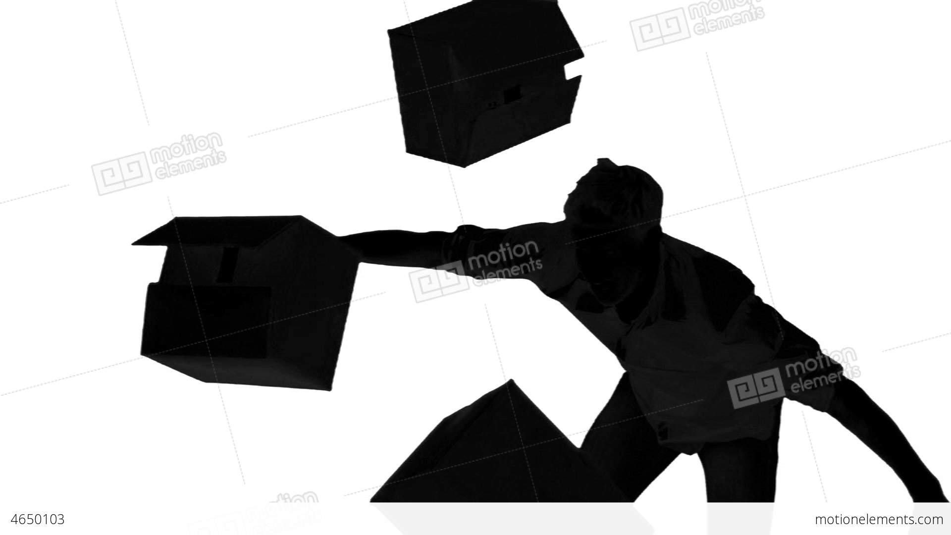 1920x1080 Silhouette Of Clumsy Man Dropping Boxes On White B Stock Video