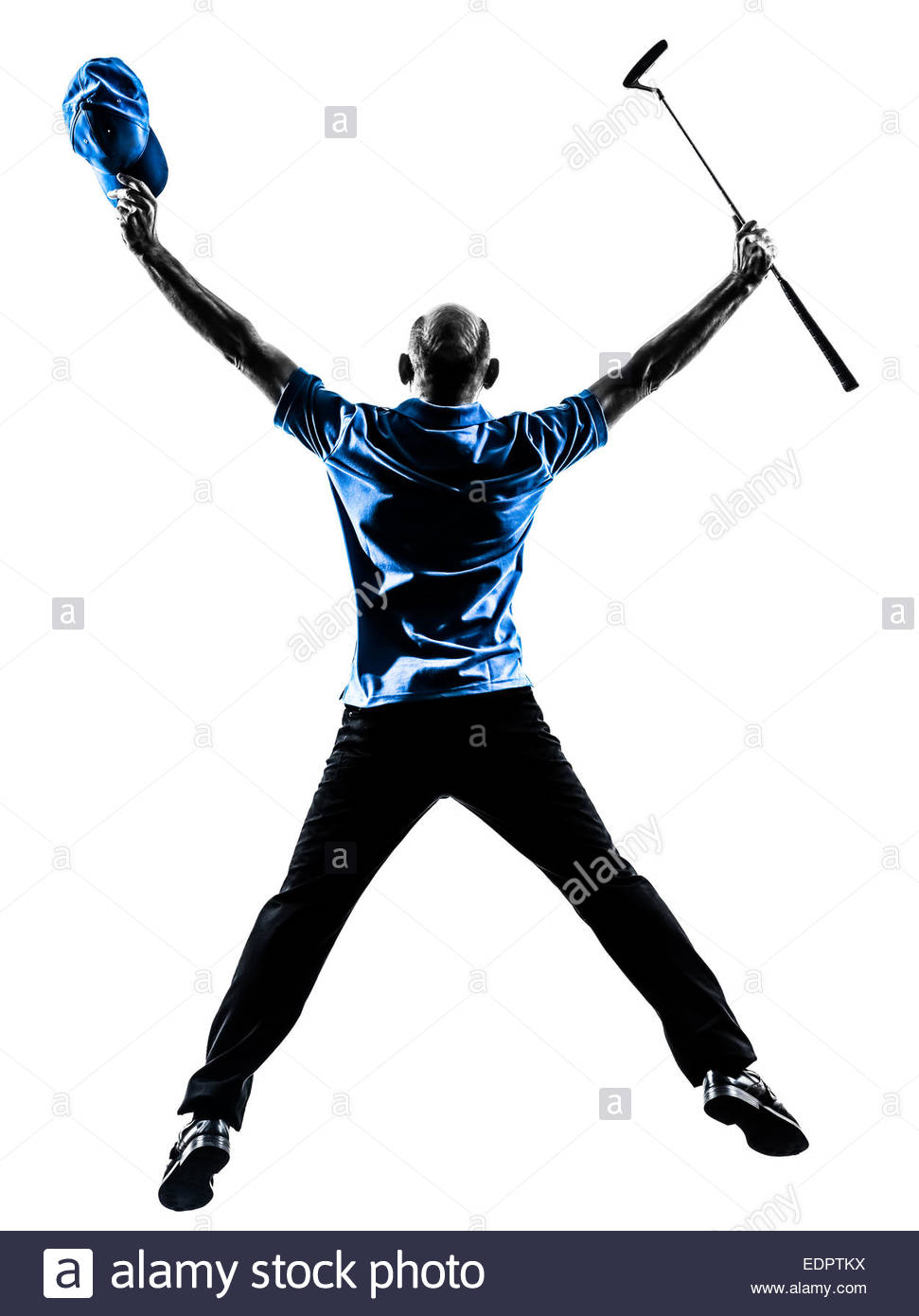 971x1390 One Man Golfer Golfing Jumping Happy In Silhouette Studio Isolated