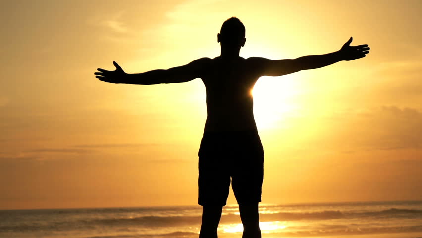 852x480 Man With His Arms Wide Open At Sunset Beach Stock Footage Video