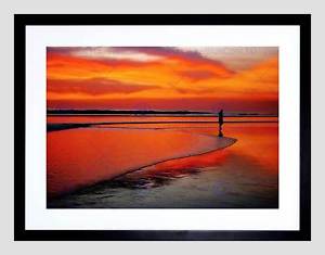 300x235 Orange Sunset Beach Seascape Figure Silhouette Black Framed Art