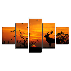300x300 Large 5 Piece Framed Forest Animal Deer Sunset Silhouette Art