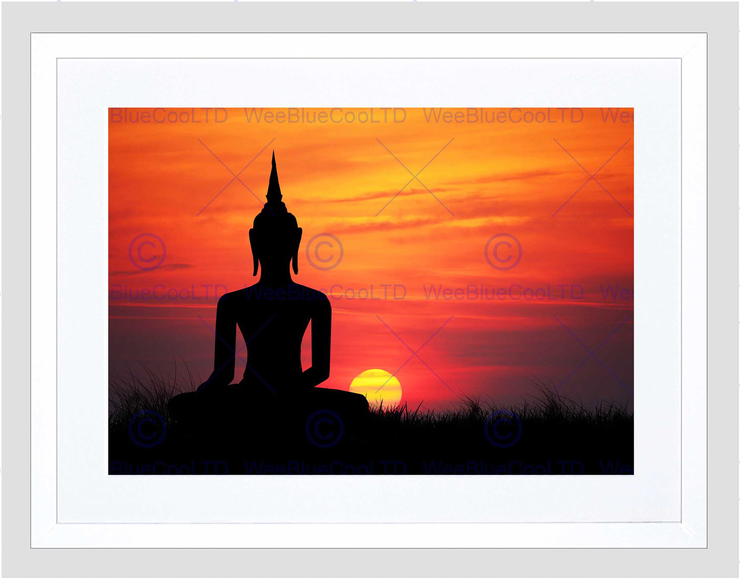 2500x1956 Painting Illustration Buddha Silhouette Sunset Sky Framed Art