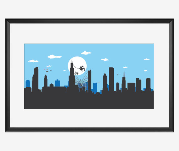 570x480 Chicago Skyline Poster Superhero Print Spiderman Inspired