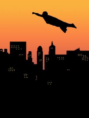 300x400 Silhouette Of A Superhero Flying Across A City Skyline.