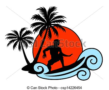 450x373 Surfer On A Wave With Palms And Sunset Stock Illustrations