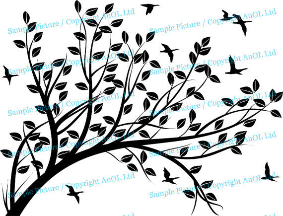570x435 Wall Decal Tree Silhouette Branch With Leafs Amp Birds Nature