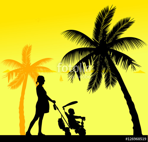 500x480 Pregnant Woman Walking With Baby On A Tricycle On The Beach, One