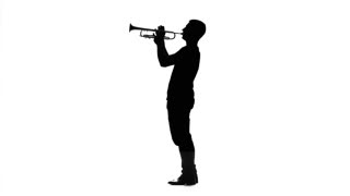 320x180 Silhouette. Musician Slowly Playing Trumpet In A Studio Stock