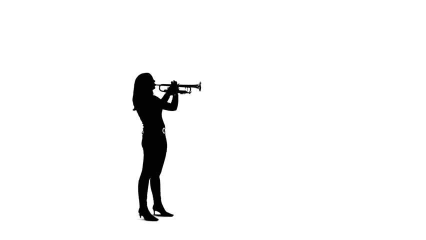 852x480 Young Woman Plays The Trumpet In A Studio. Black And White