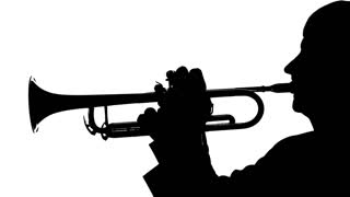 320x180 Silhouette. Musician Slowly Playing Trumpet In A Studio Stock