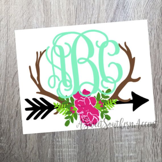 570x570 Floral Antler Arrow Monogram Decal For Laptop, Cup, Cell Phone