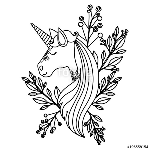 500x500 Monochrome Silhouette Of Unicorn Face And Floral Decoration Vector