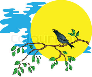 320x269 Birds Silhouette On Wood Branch, Vector Illustration Stock