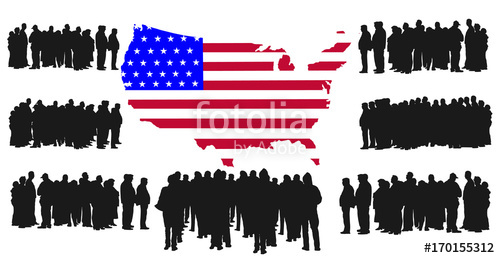 500x258 Green Card Application. Vector Silhouette Of A Group Of Refugees