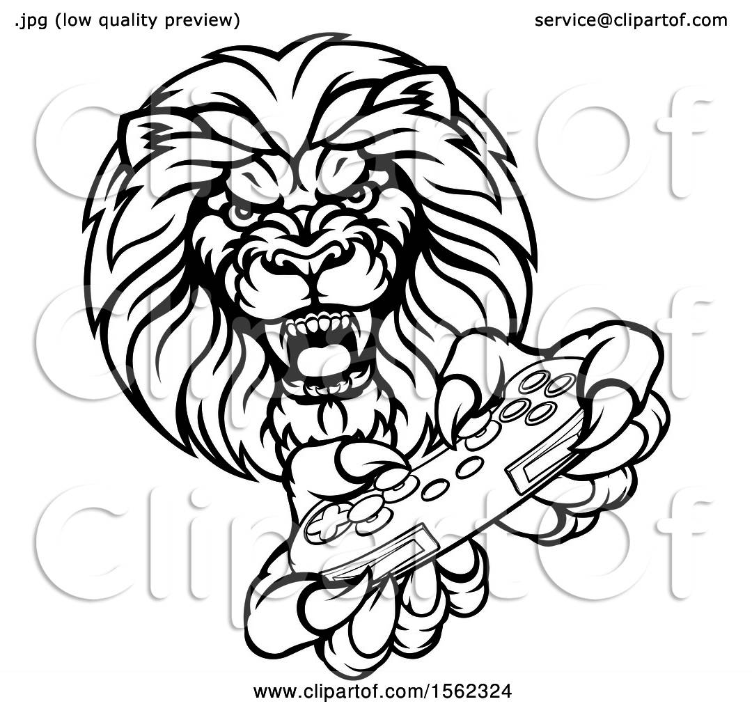 1080x1024 Clipart Of A Black And White Male Lion Holding A Video Game