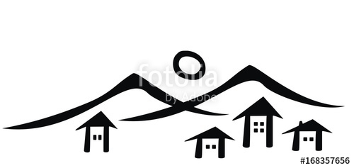 500x237 Mountain Village, Vector Icon, Black Silhouette Stock Image