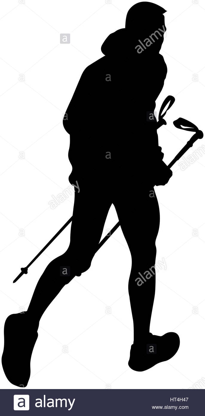687x1390 Male Runner With Trekking Poles Running Mountain Trail Black Stock