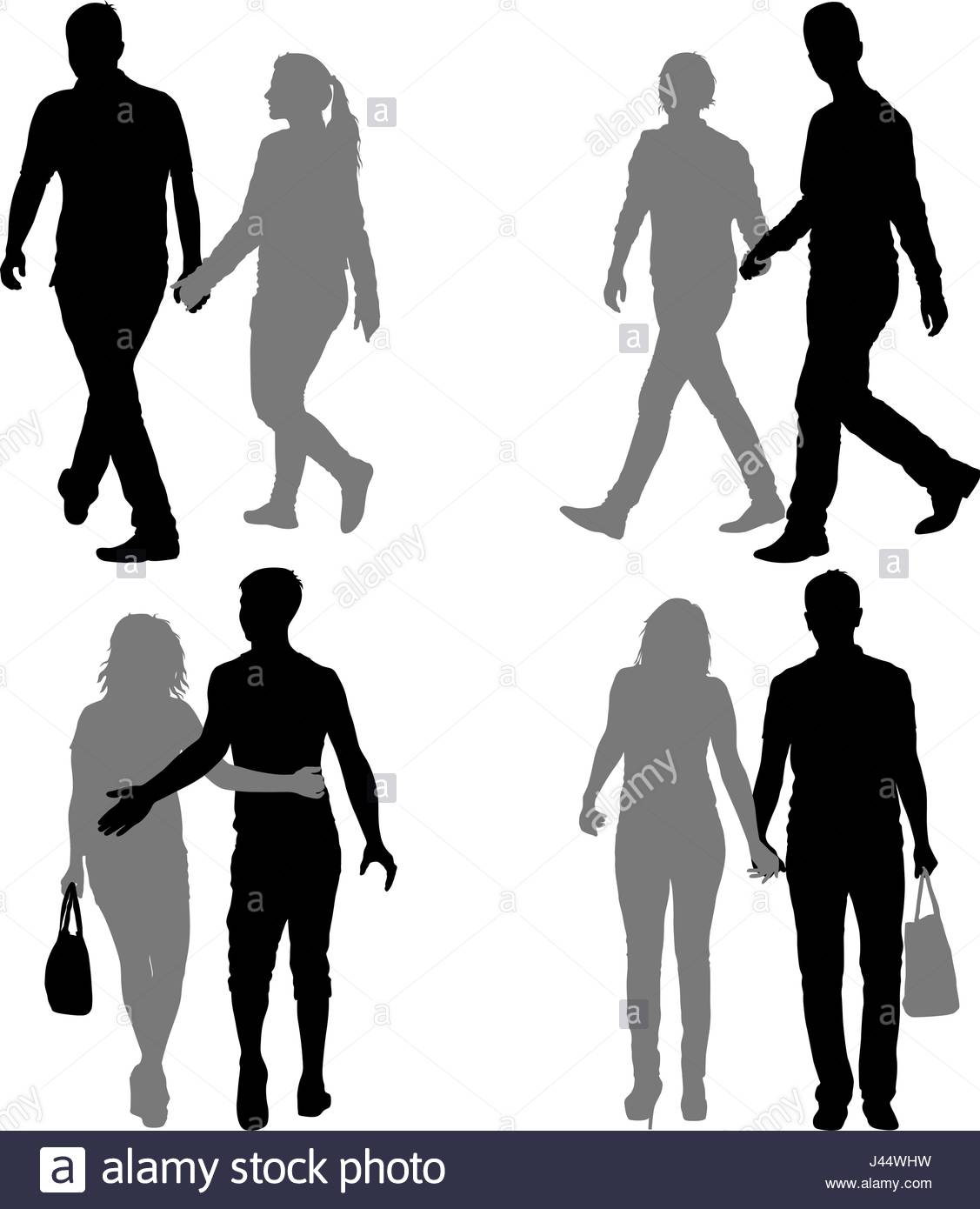 1127x1390 Set Silhouette Man And Woman Walking Hand In Hand Stock Vector Art