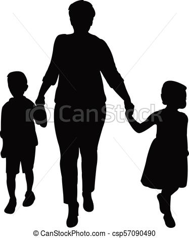 374x470 Mother And Children Walking, Silhouette Vector Eps Vectors