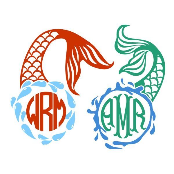 600x600 Mermaid Tail Water Splash Monogram Cuttable Frame Cut File. Vector