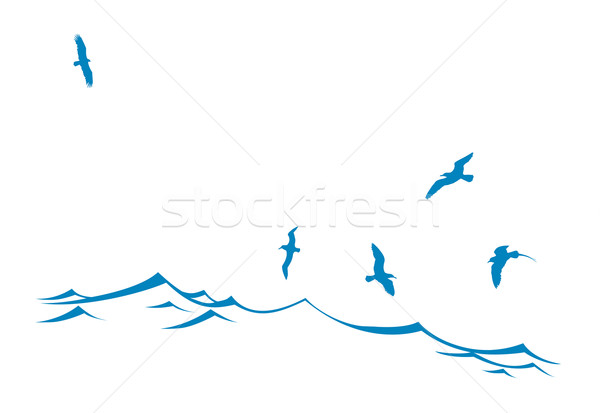 600x413 Vector Silhouette Of The Sea Birds On Wave Vector Illustration