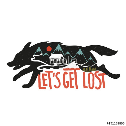 500x500 Typography Poster With Nature Landscape Inside The Wolf. Mountains