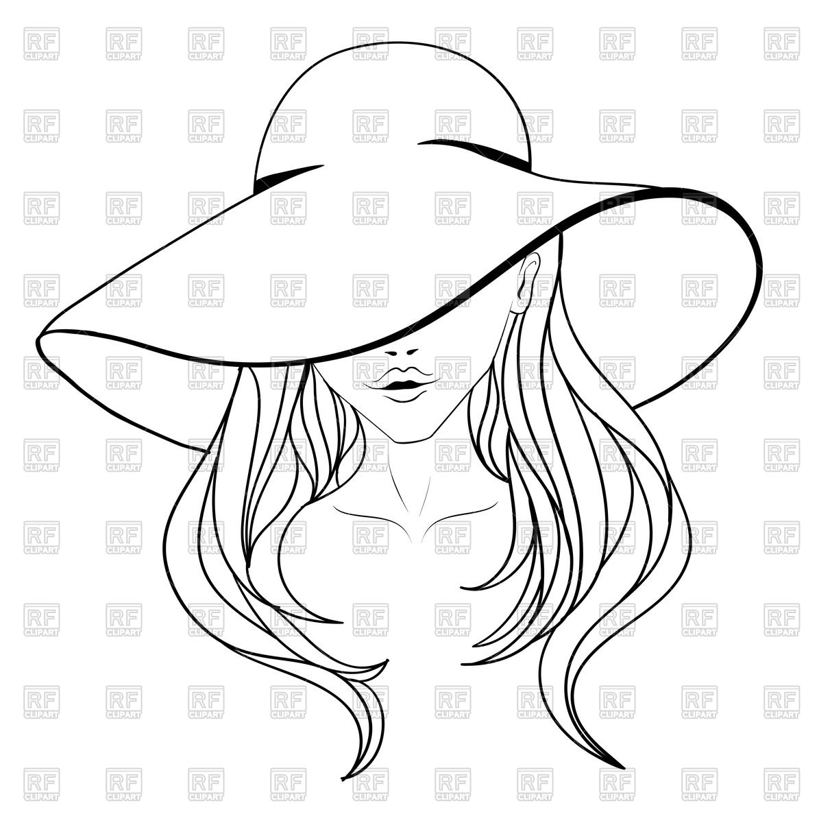 1195x1200 Outline Of Portrait Young Woman In Hat With Large Fields And Long