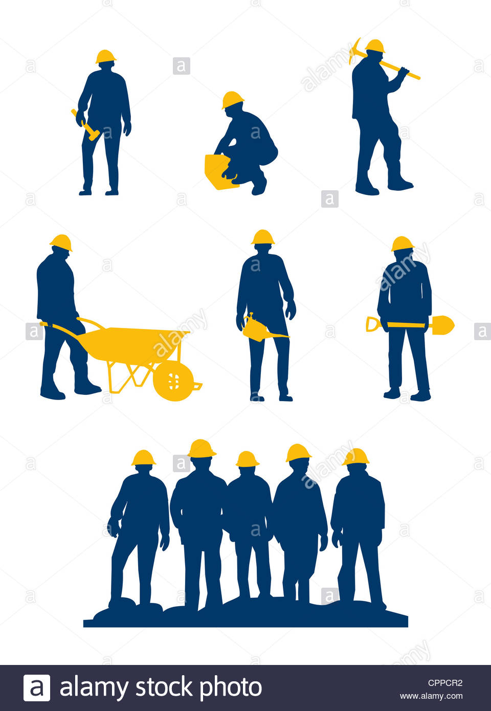 960x1390 Workers Silhouette With Yellow Tools And Helmet Stock Photo