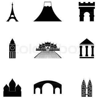 320x320 Vector Black Landmarks Icons Set On White Background Stock