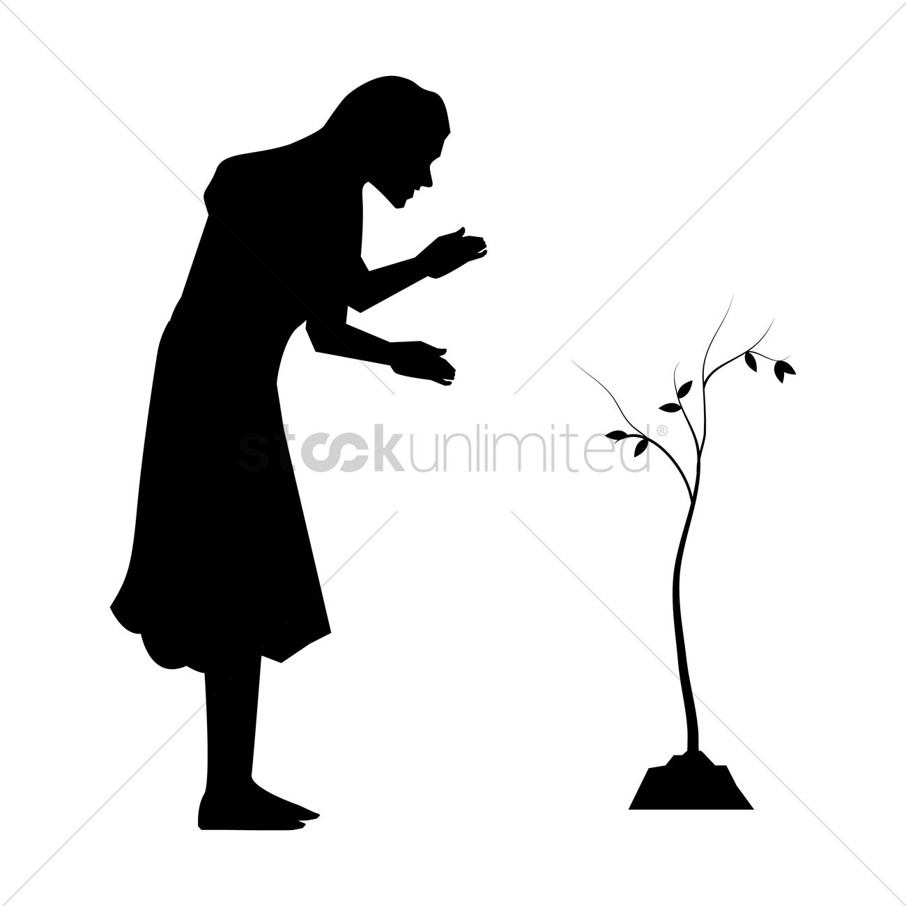 1300x1300 Silhouette Of Woman Caring For A Young Plant Vector Image