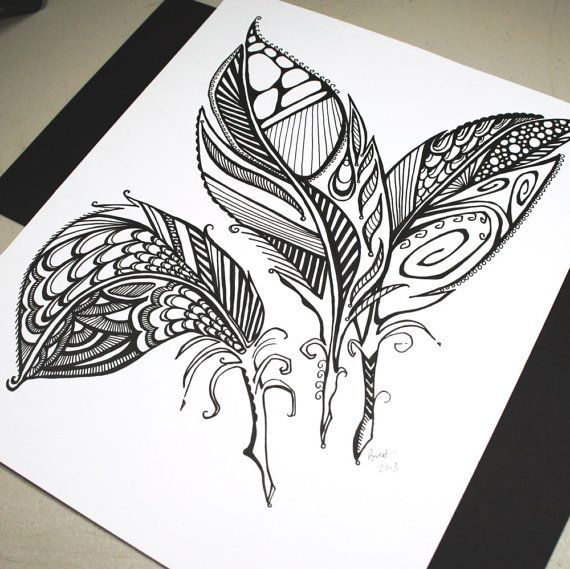 570x569 Three Feathers Original Pen Drawing Abstract Feathers