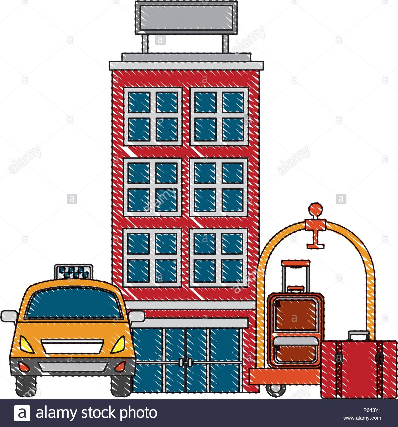 1297x1390 Accommodation Building Luxury Hotel Taxi Luggage Trolley Vector