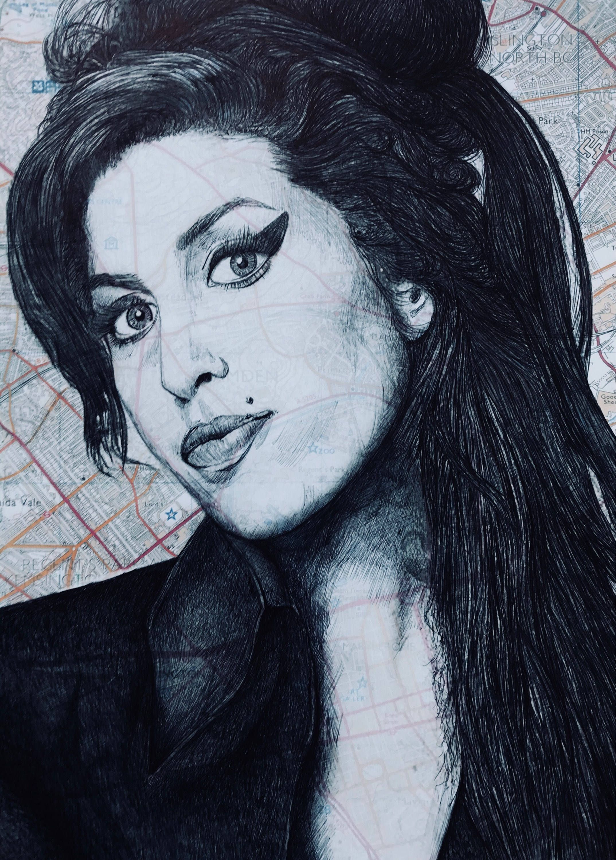 2149x3000 Amy Winehouse Pen Drawing A4 Print. Map Camden. Unframed