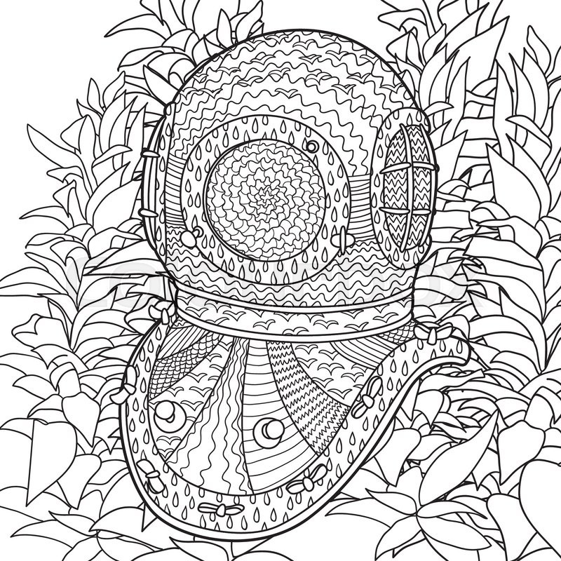 800x800 Hand Drawn Antique Divers Helmet And Algae. Coloring Pages