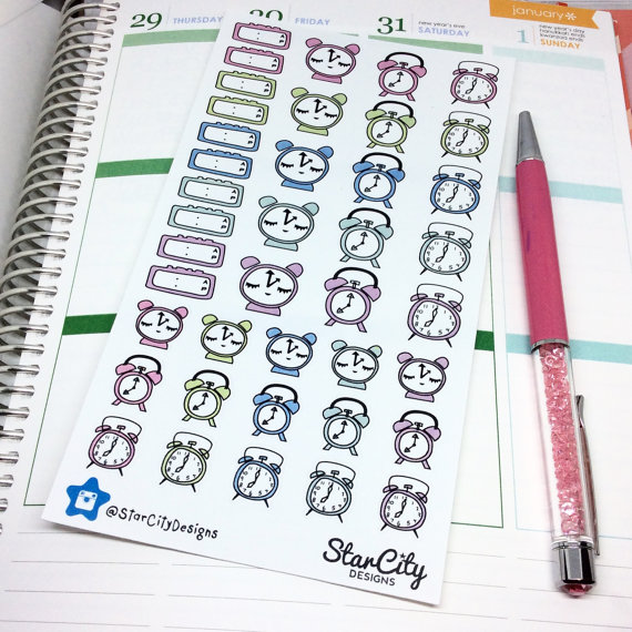 570x570 Hand Drawn Alarm Clock Stickers, Clock Stickers, Planner Stickers