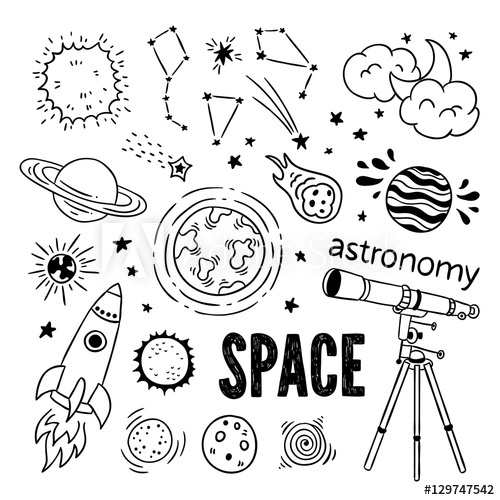 500x500 Astronomy Objects Vector Set. Hand Drawn Telescope, Science
