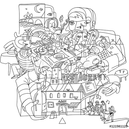 500x500 Doodle Drawing Of Restaurant Atmosphere In The City. Creative