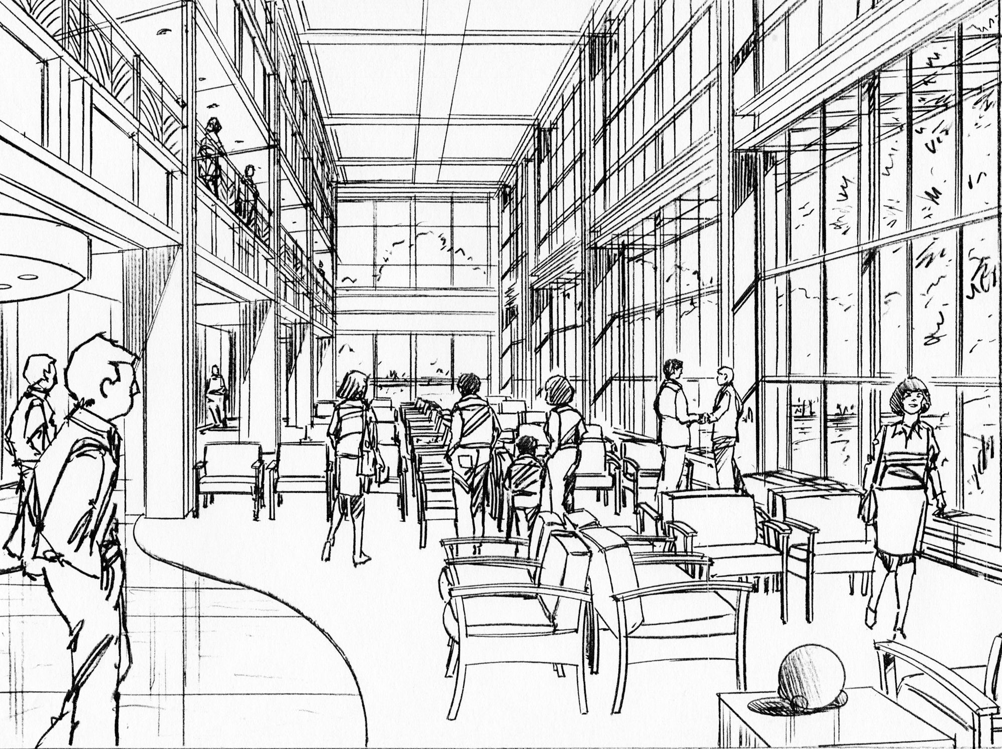 2000x1495 Commercial Office Atrium Sketch Ink And Pencil Sketches
